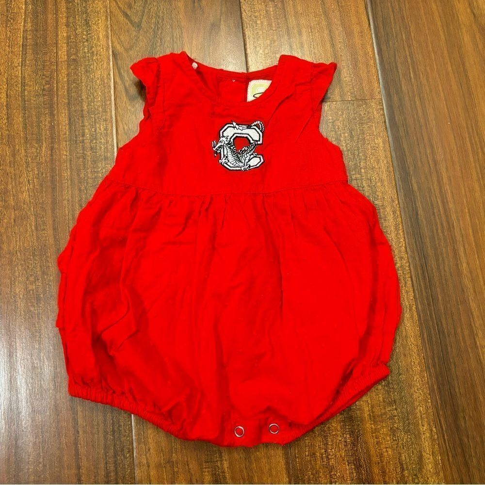 SUNY Cortland red ruffle romper embroidered logo